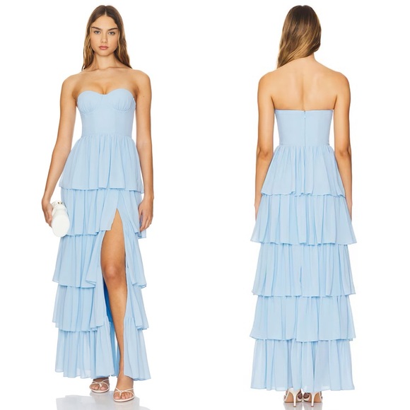 Lovers + Friends Hattie Strapless Tiered Gown Baby Blue NEW...